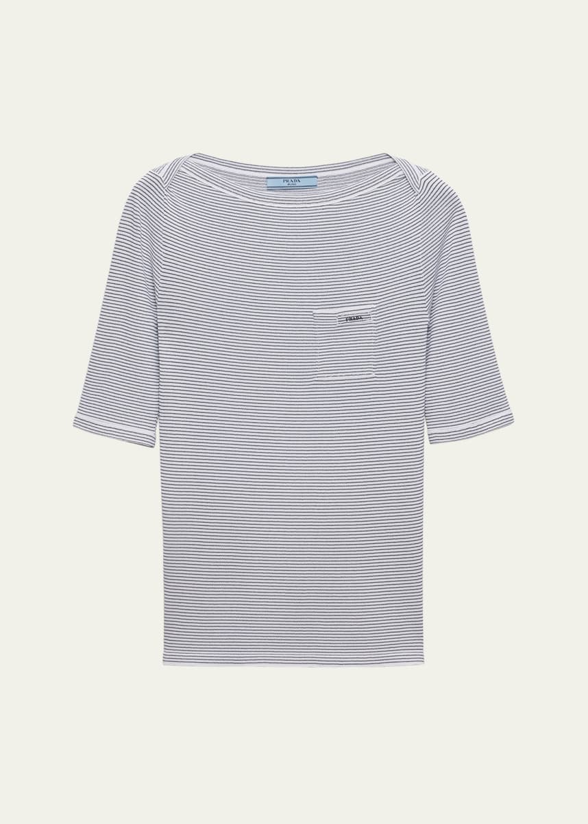 Prada Striped High-Neck Elbow-Sleeve Sweater
