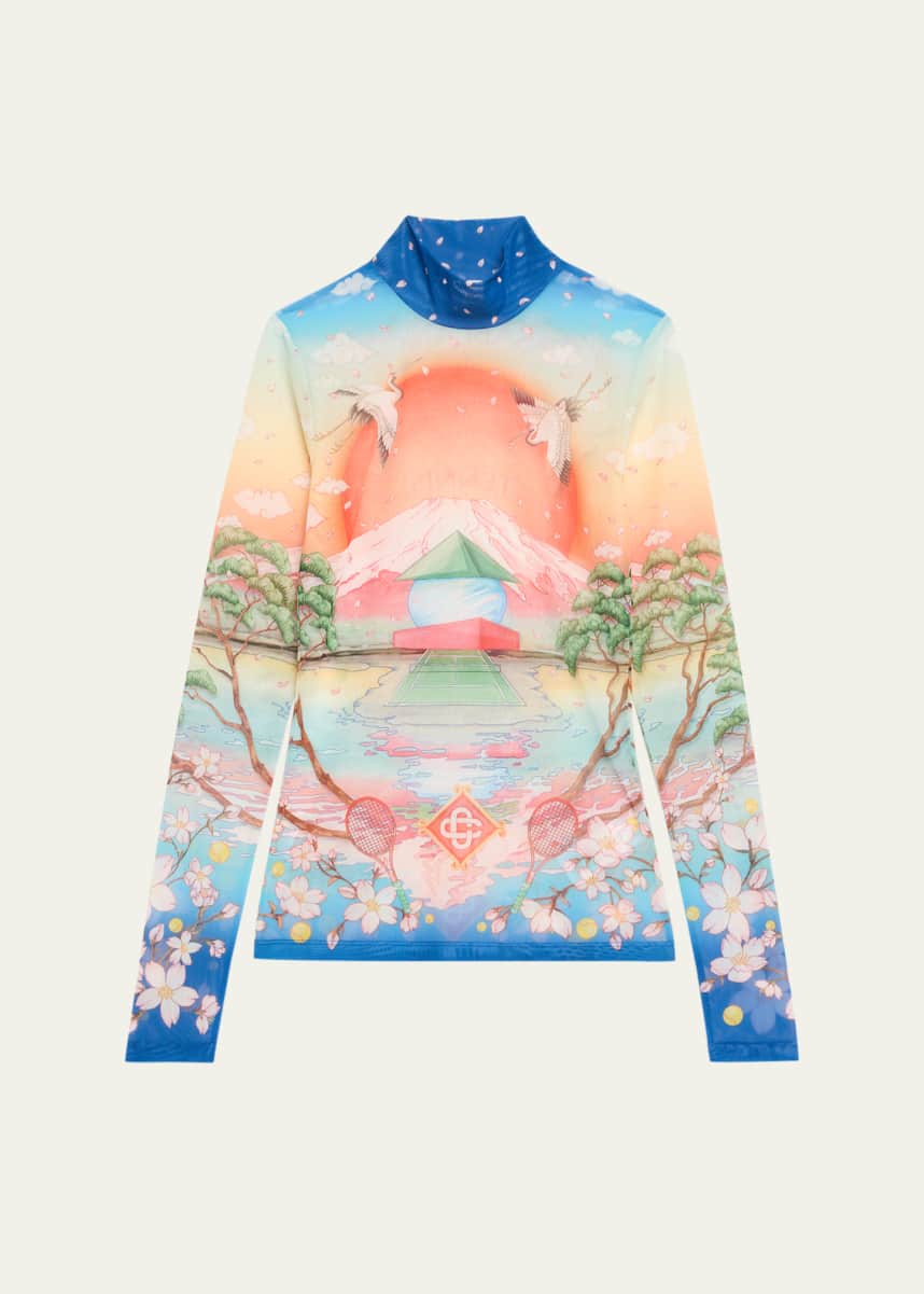 CASABLANCA Mock-Neck Printed Mesh Long-Sleeve Top