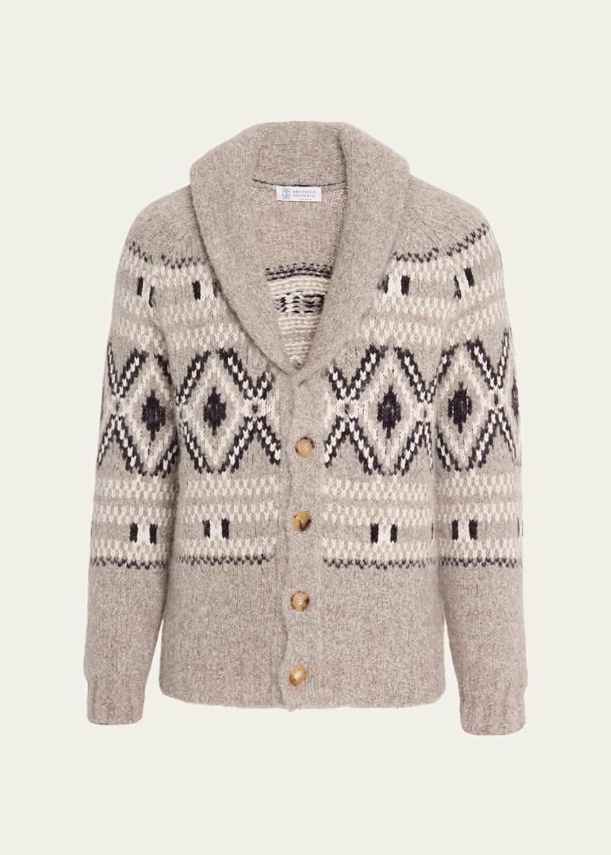 Brunello Cucinelli Men's Wool and Nylon Fair Isle Knit Cardigan