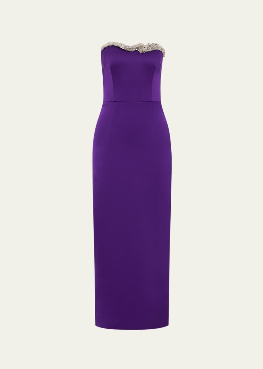Rachel Gilbert Lorna Embellished Strapless Column Crepe Dress