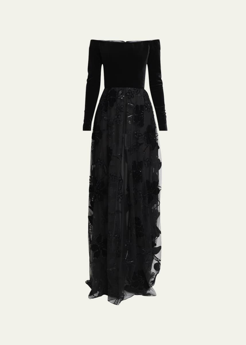 Elie Saab Off-The-Shoulder Velvet Sequined Tulle Gown