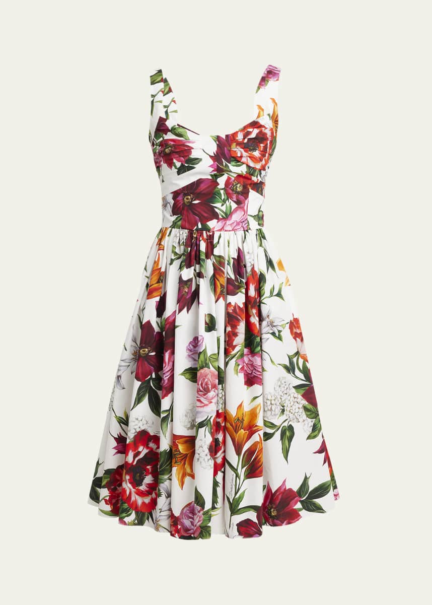 Dolce&Gabbana Floral Poplin Pleated Bust Fit-&-Flare Dress