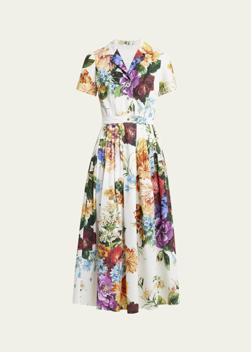 Dolce&Gabbana Bouquet Floral Poplin Short-Sleeve Midi Shirtdress