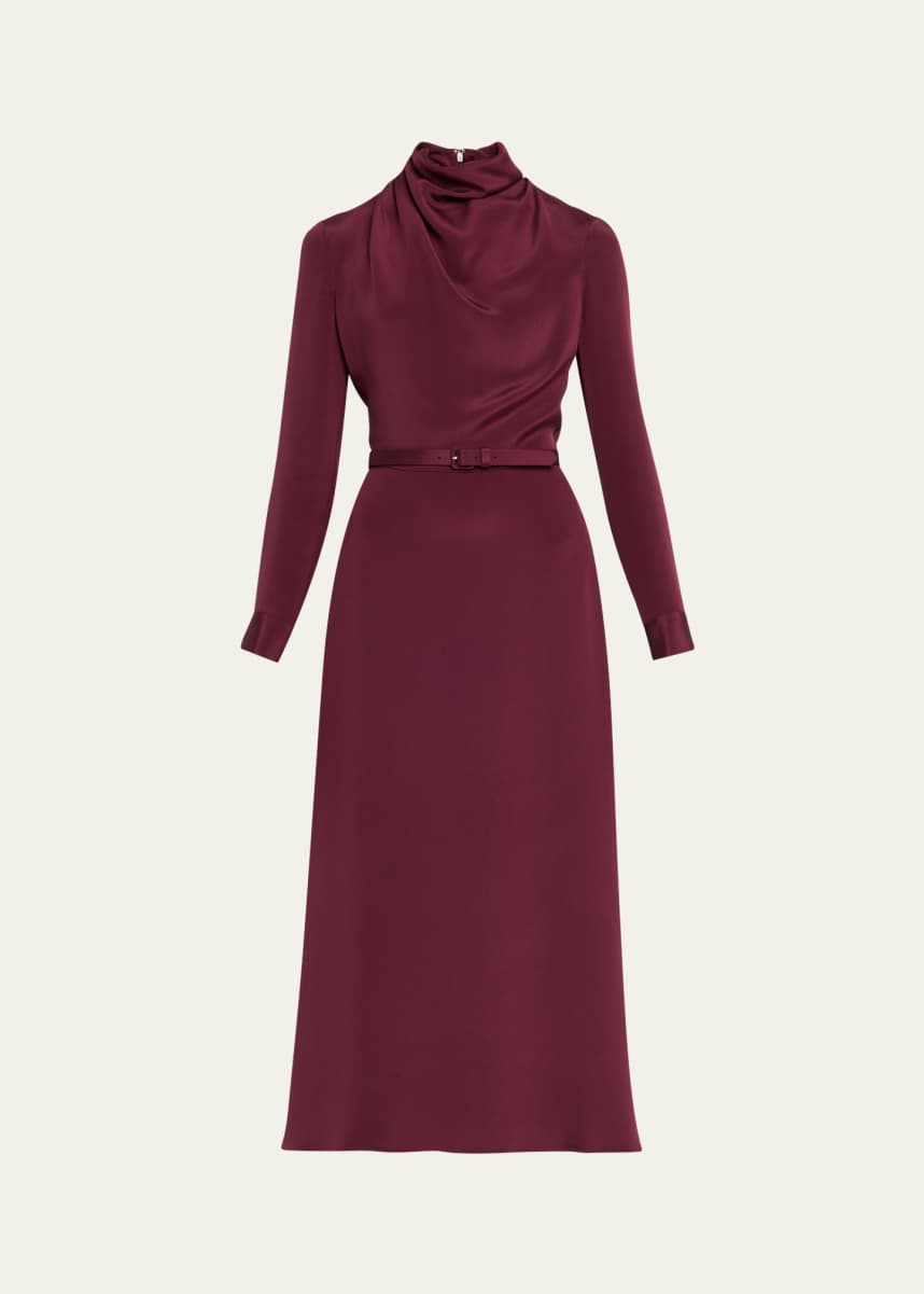 Adam Lippes Amandine Draped Long-Sleeve Belted Midi Dress