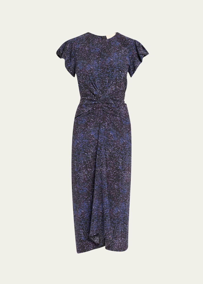 Isabel Marant Terena Mosaic Stretch Silk Puff-Sleeve Midi Dress