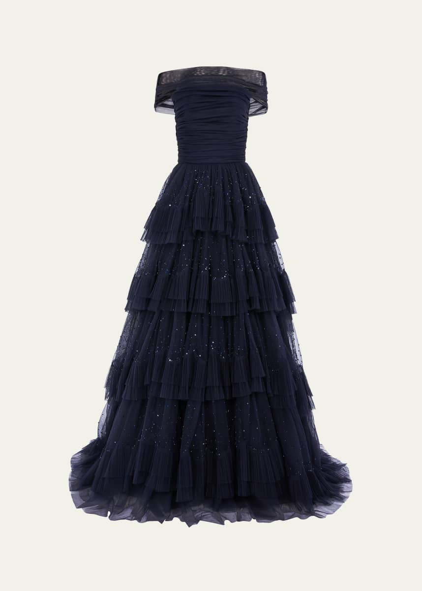 Jenny Packham Queenie Tiered Sequined Tulle Off-The-Shoulder Ballgown