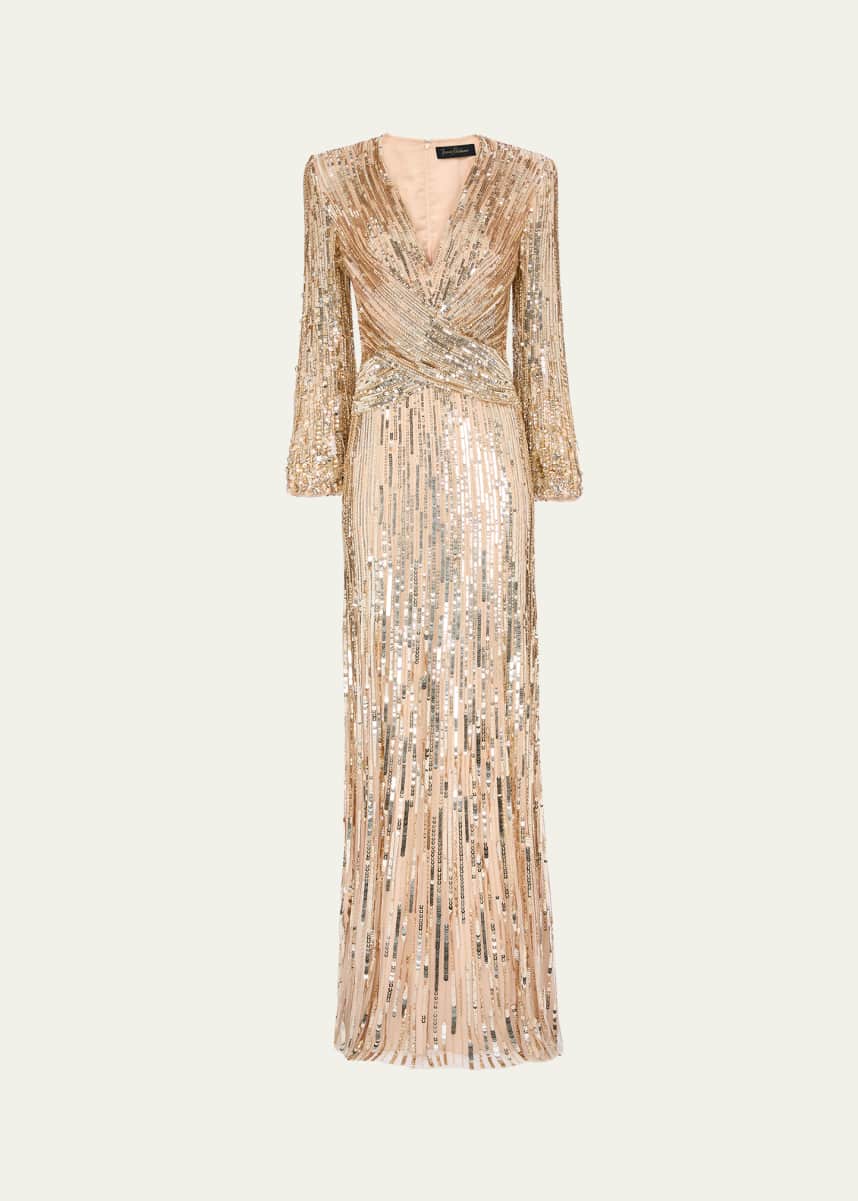 Jenny Packham Cosmos Sequined Strong-Shoulder Gown