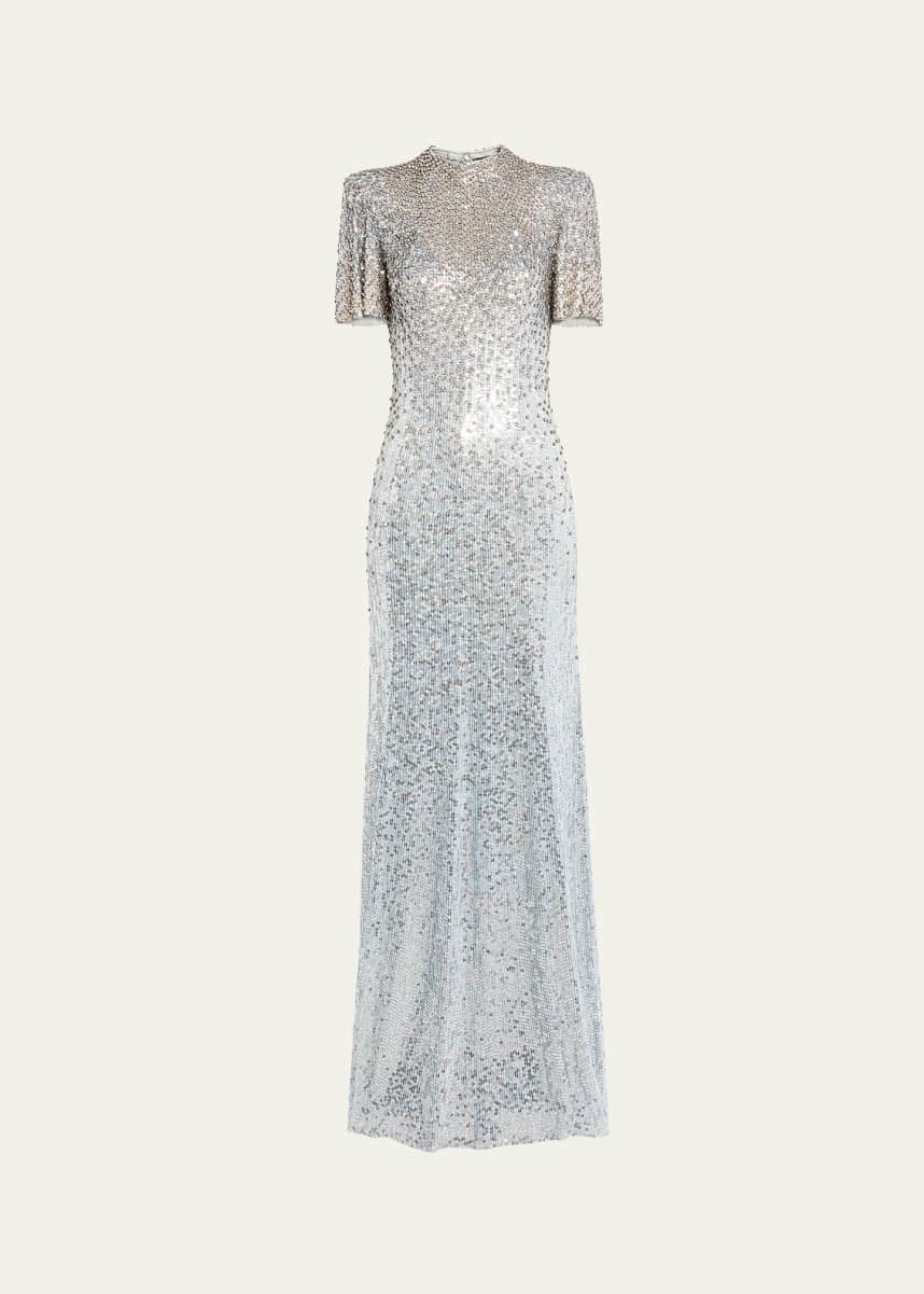 Jenny Packham Jourdain Crystal Sequined Flutter-Sleeve Gown