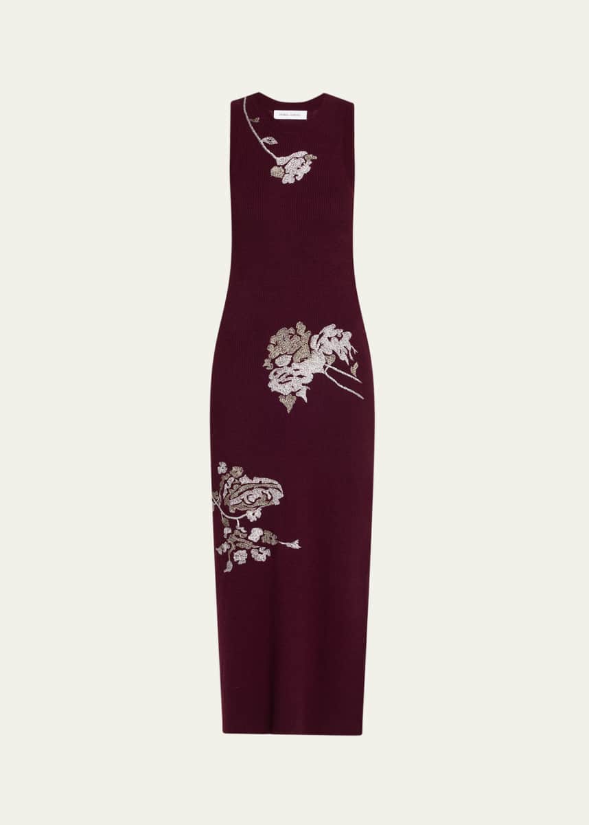 Prabal Gurung Floral Embroidered Sleeveless Rib Midi Dress