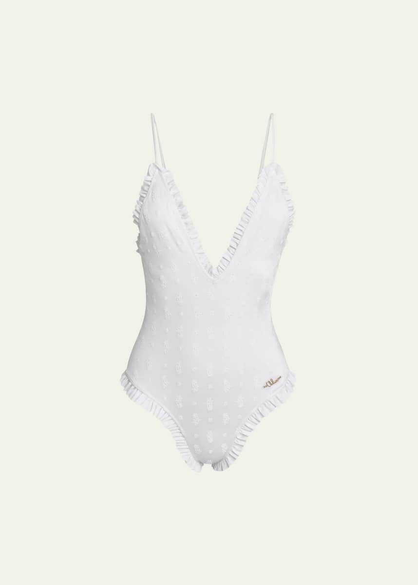 Chloe Ruffle-Trim Eyelet Nylon One-Piece