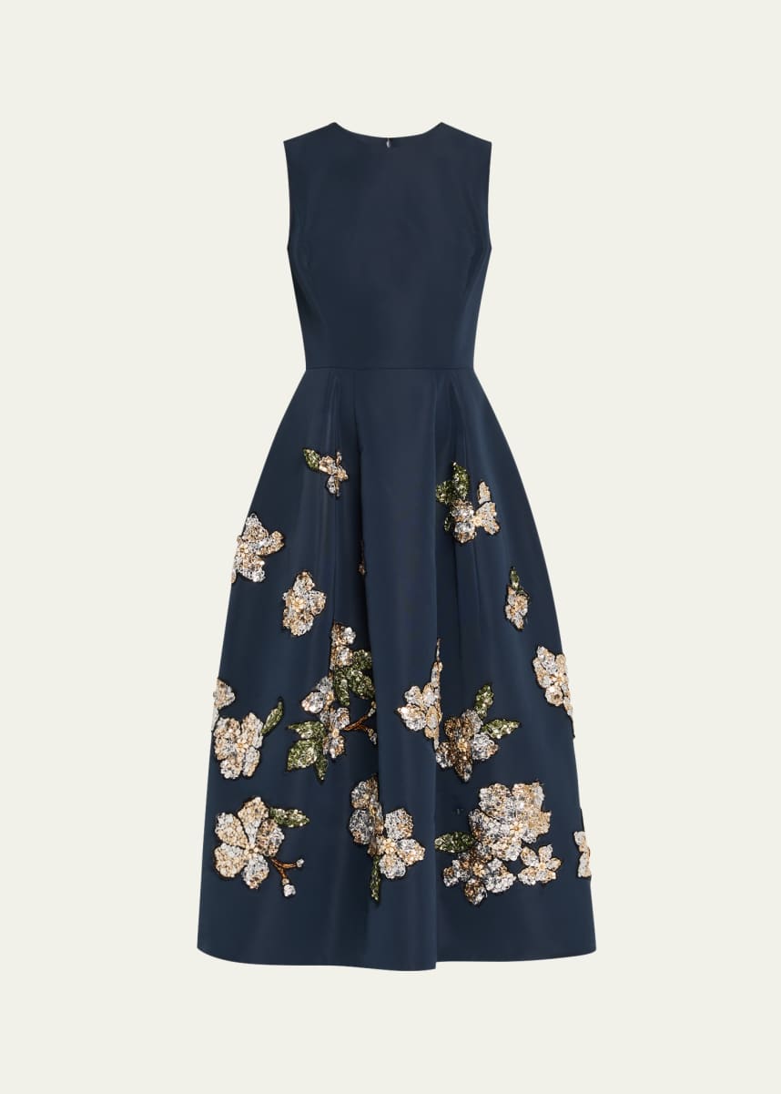 Oscar de la Renta Floral Embroidered Sleeveless Midi Cocktail Dress