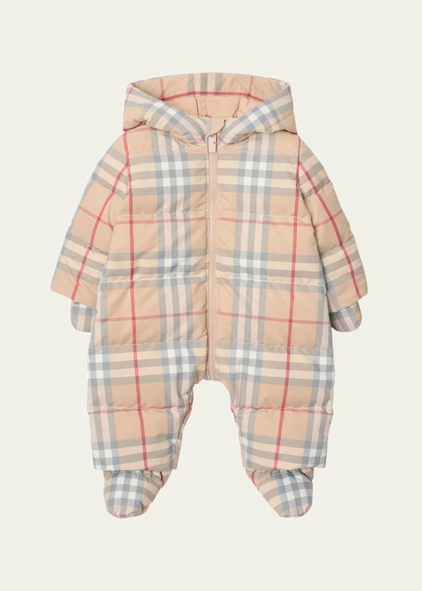 Burberry Kid's Robinson Check Hooded Down Puffer Suit, Size Newborn-6