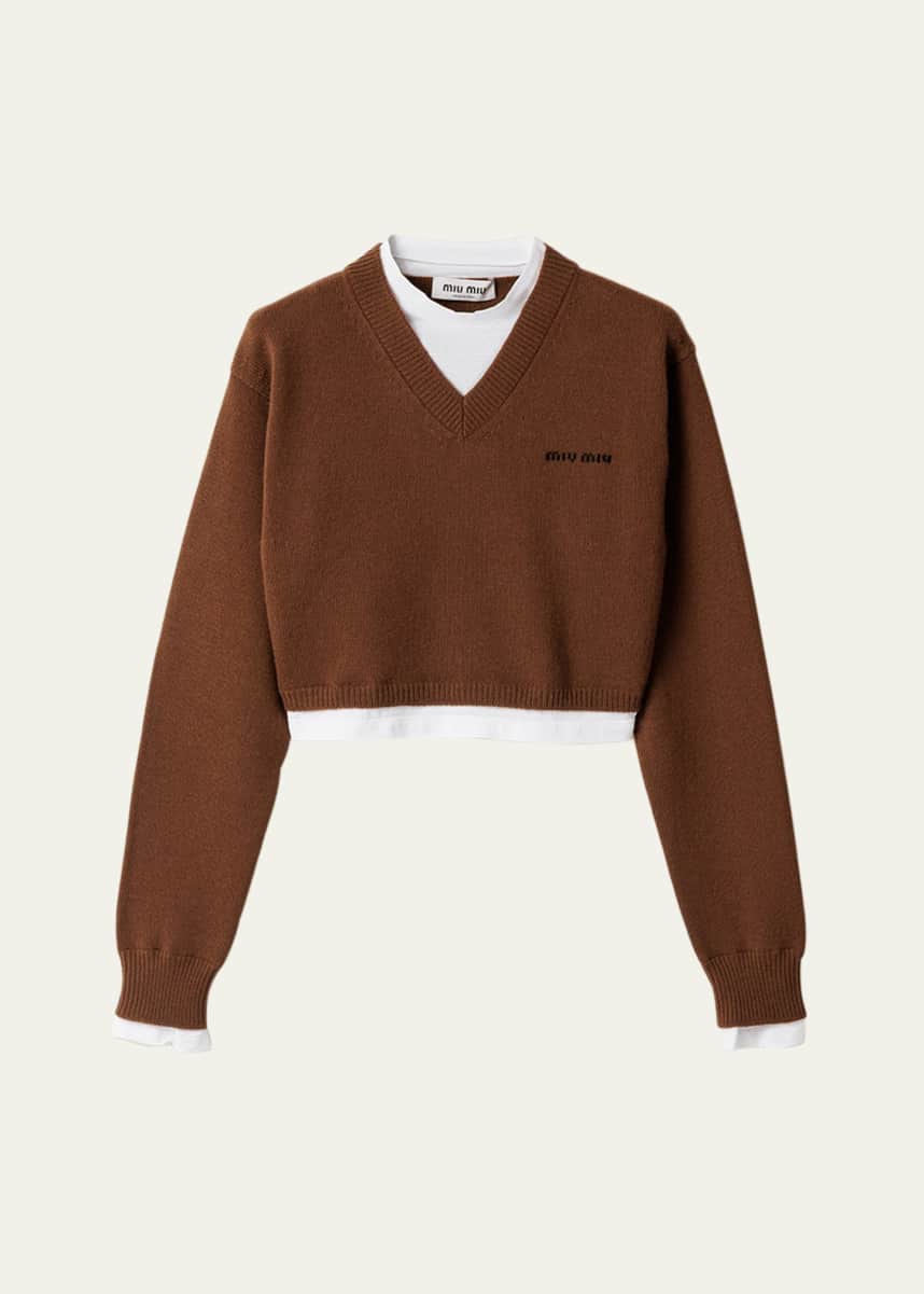 Miu Miu V-Neck Layered Cashmere Knit Crop Sweater