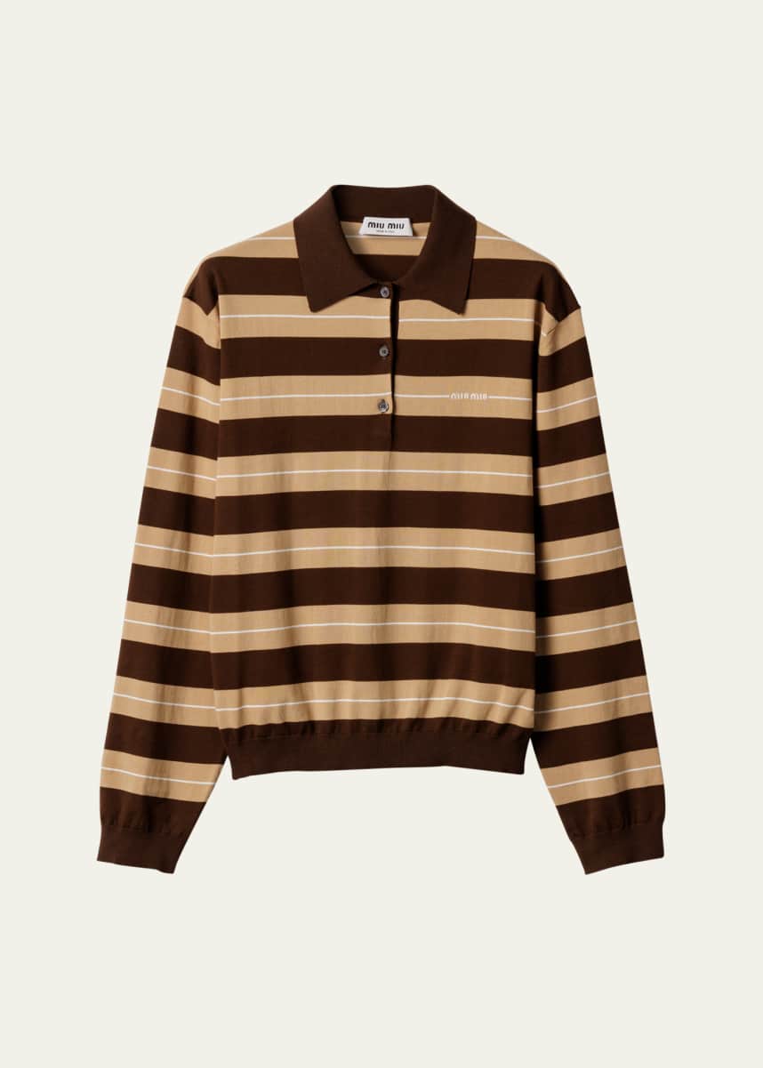 Miu Miu Striped Cotton Knit Long-Sleeve Polo
