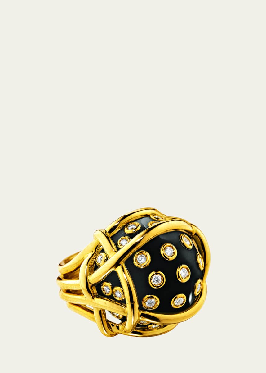 Verdura 18K Yellow Gold Black Jade and White Diamond Polka Dot Ring