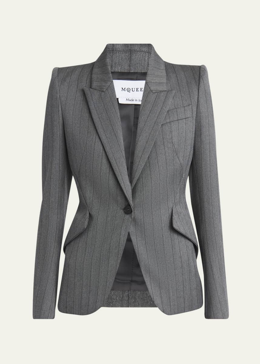 McQueen Herringbone Striped Single-Breasted Blazer Jacket