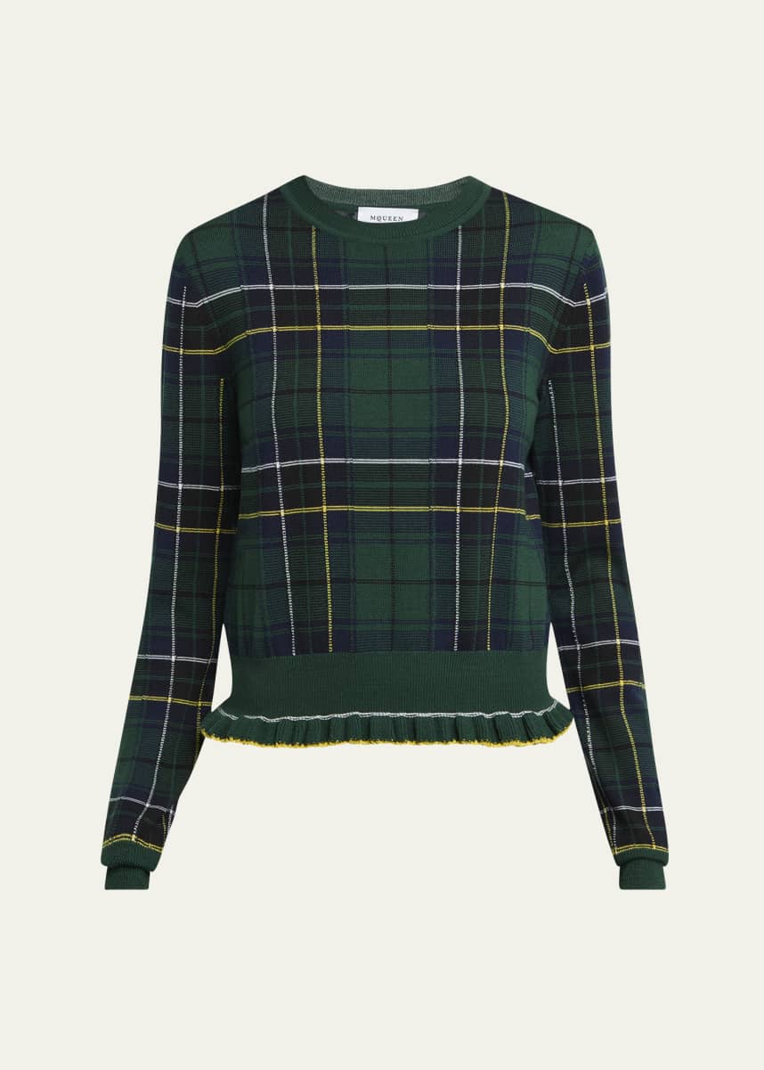 McQueen Tartan Ruffle Crewneck Sweater