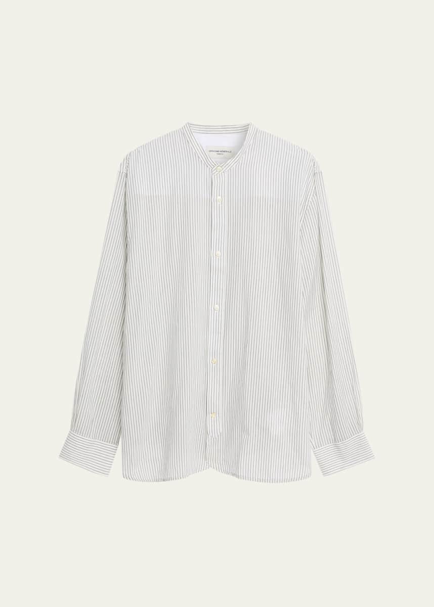Officine Generale Men's Gali Band-Collar Cotton Stripe Button-Down Shirt