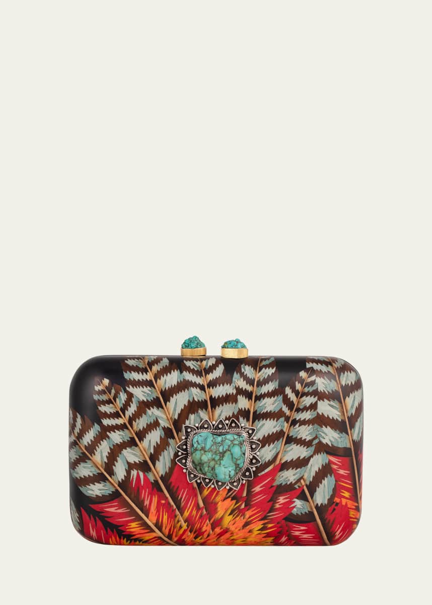 Silvia Furmanovich 18K White Gold Rectangular Marquetry Clutch with Feather Print and Turquoise Buckle