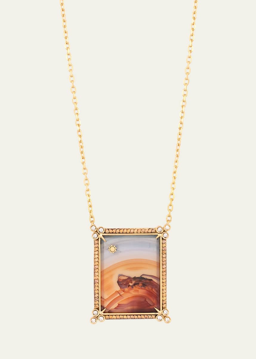 Silvia Furmanovich 18K Yellow Gold Agate Landscape Necklace with Sun Detail, Diamonds and Orange Sapphires