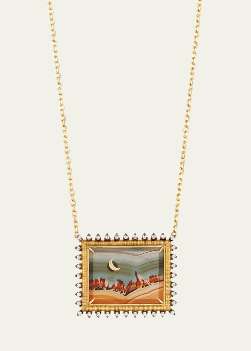 Silvia Furmanovich 18K Yellow Gold Agate Landscape Necklace with Diamonds and Gold Moon Detail