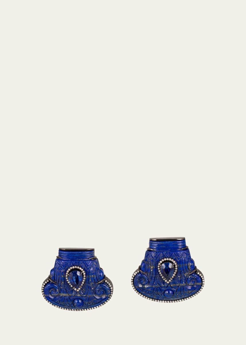 Silvia Furmanovich 18K White Gold Lapis Lazuli Egyptian Column Earrings with Light Brown Diamonds and Kyanite