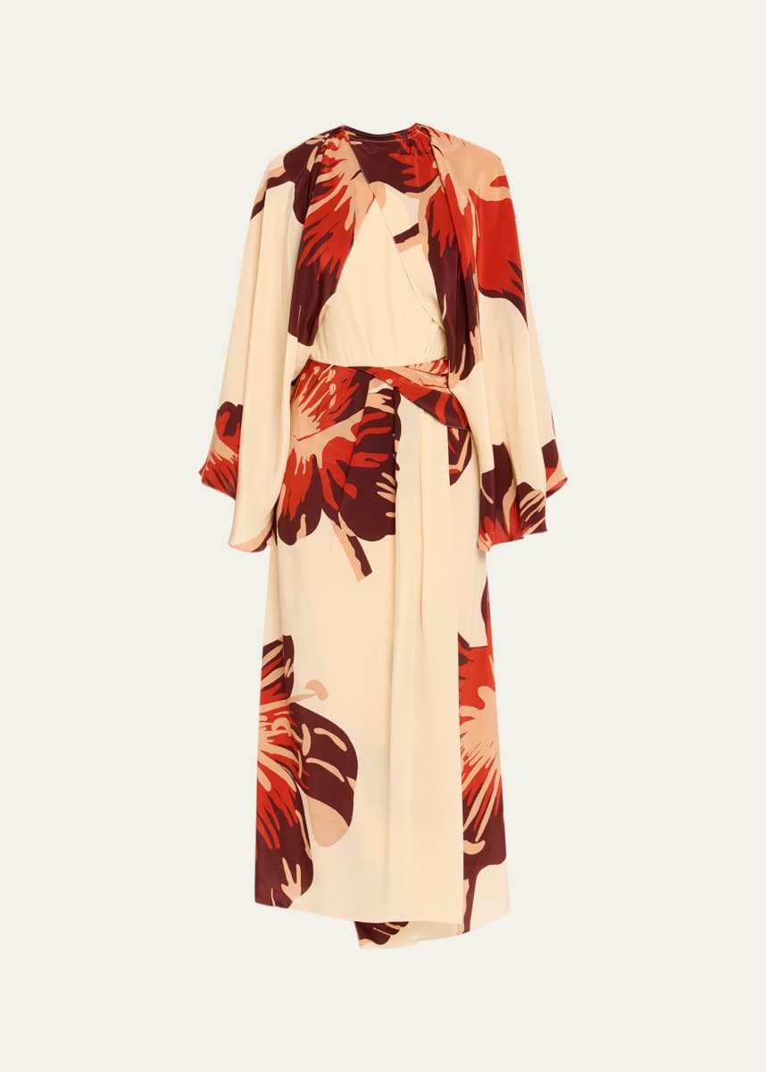 Johanna Ortiz Odyssey Floral Silk Draped Long-Sleeve Ankle Dress