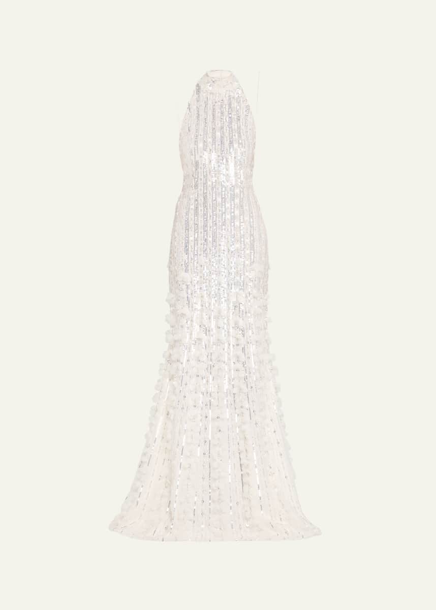 Pamella Roland Sequined Tulle Petal Halter Gown