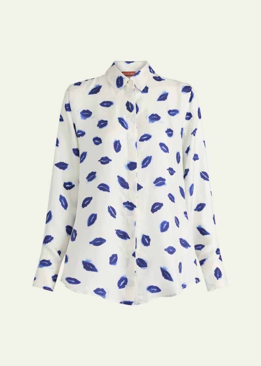 Altuzarra Chika Lip-Print Silk Button-Down Top
