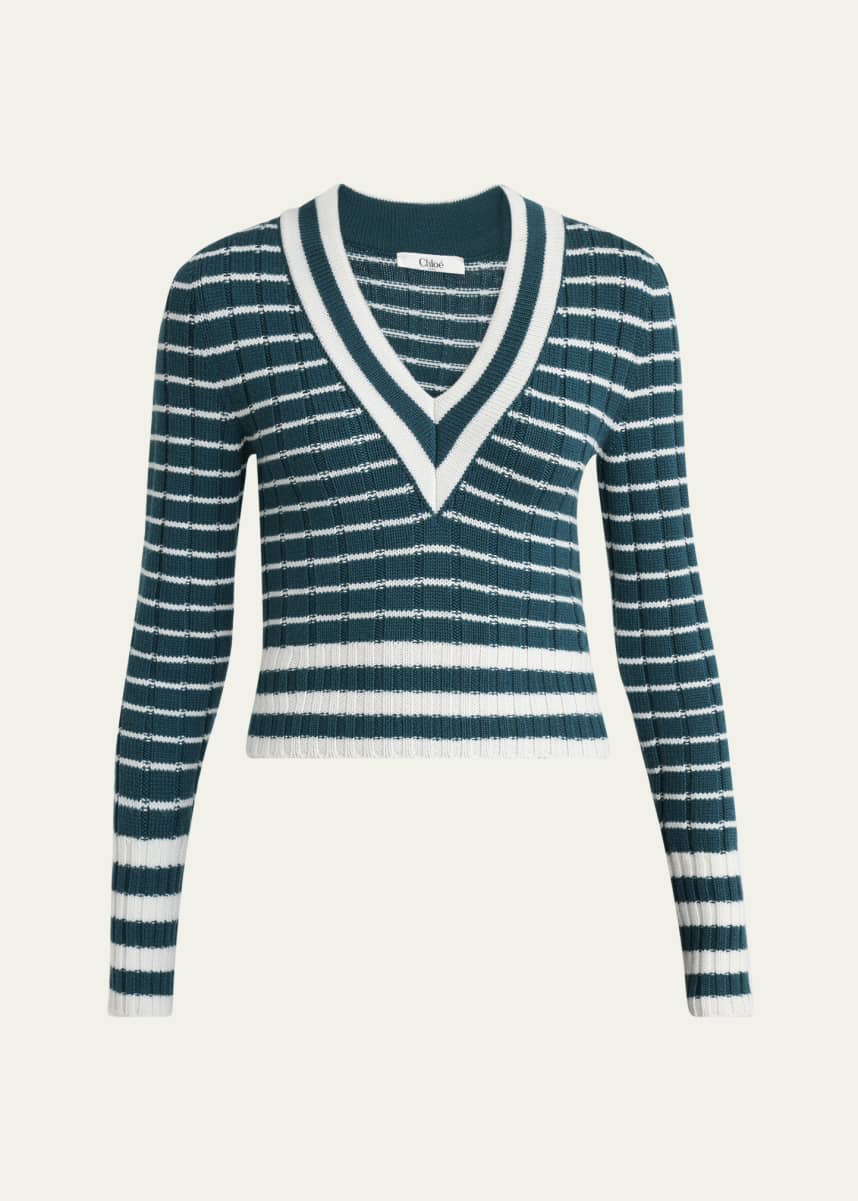 Chloe V-Neck Striped Merino Knit Sweater