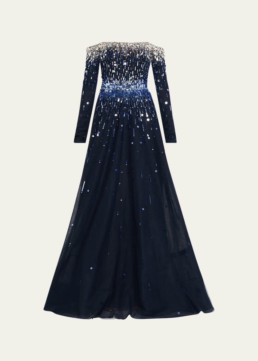 Pamella Roland Embroidered Tulle Off-The-Shoulder Long-Sleeve Gown
