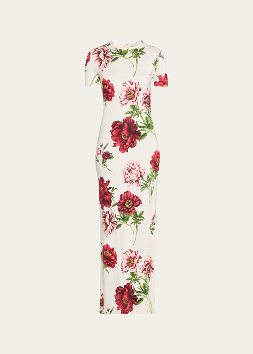 Oscar de la Renta Peony-Print Jersey Short-Sleeve Maxi T-Shirt Dress