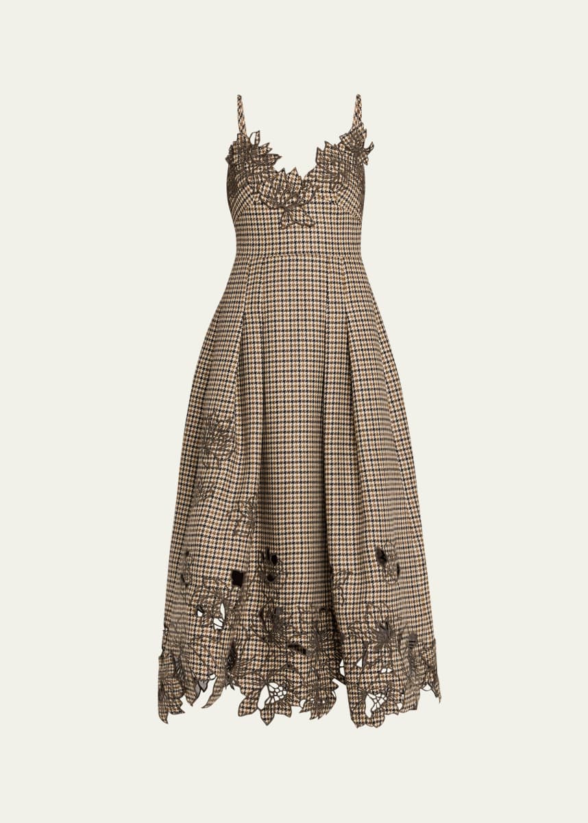 Oscar de la Renta Embroidered Pied De Poule Sleeveless Midi Dress