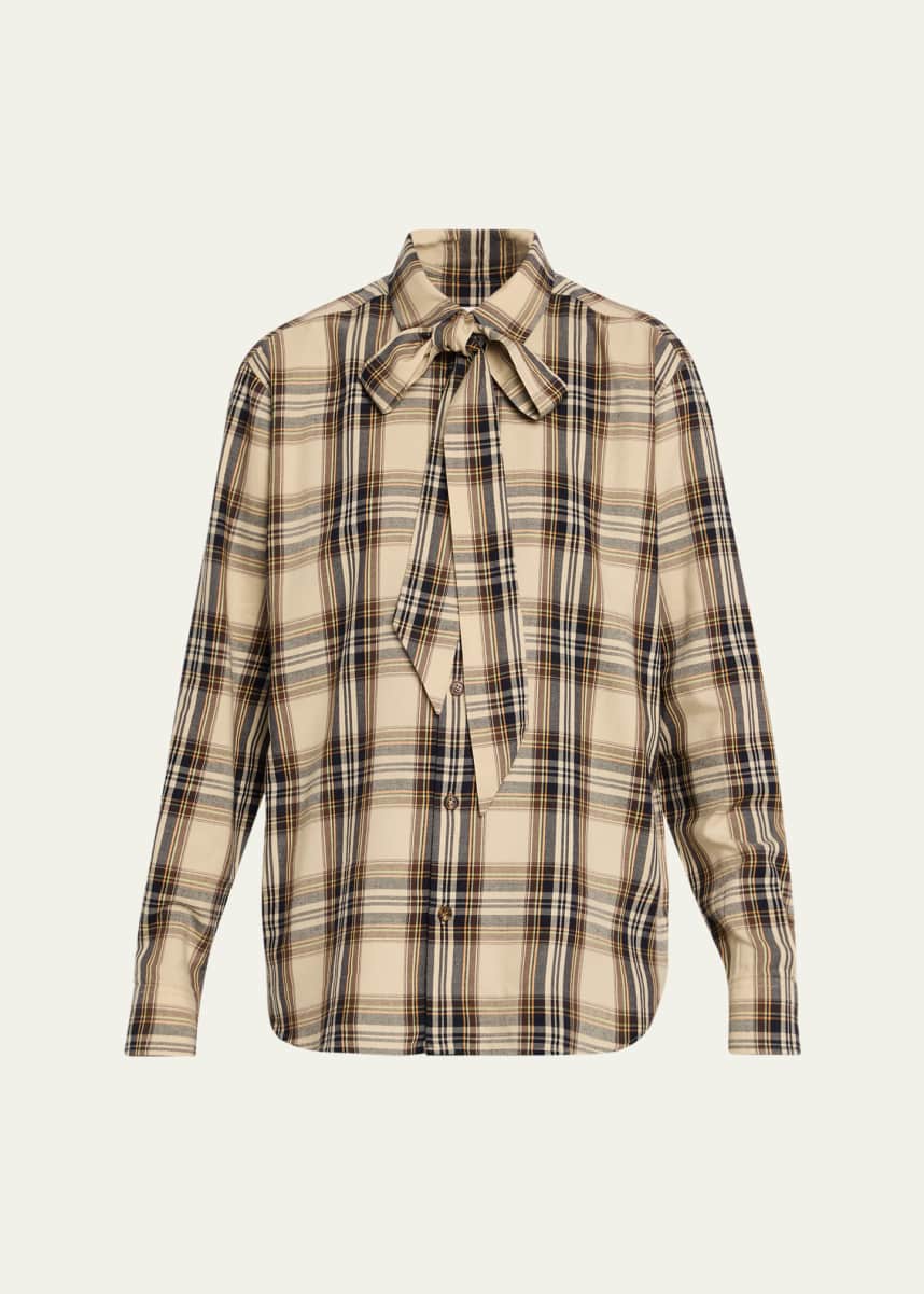 Saint Laurent Neck-Tie Plaid Button-Down Blouse