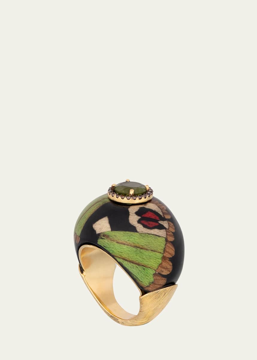 Silvia Furmanovich 18K Yellow Gold Marquetry Ring with Green Butterfly Pattern, Diamonds and Peridot
