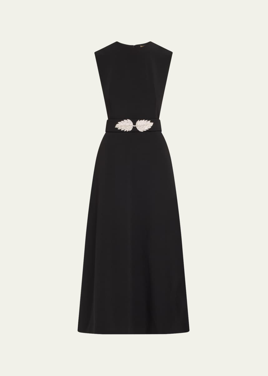 Reem Acra Jewel-Neck Sleeveless Heavy Crepe Midi Dress With An Embellished Belt