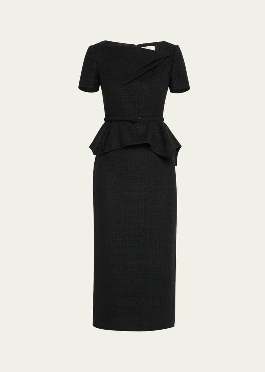 Roland Mouret Asymmetric Twist Boucle Belted Peplum Midi Dress