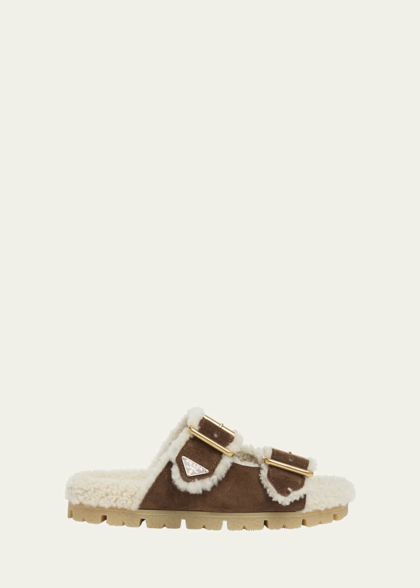 Prada Suede Shearling Lined Dual-Buckle Slide Sandals