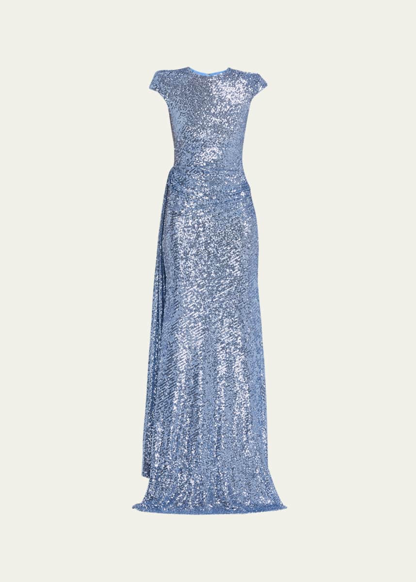 Naeem Khan Draped Sequin Cap-Sleeve Gown