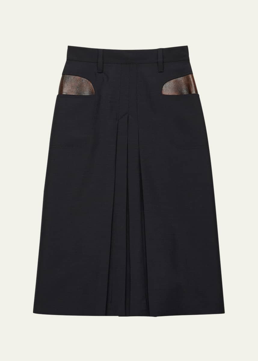 Prada Leather-Pockets Wool Midi Skirt