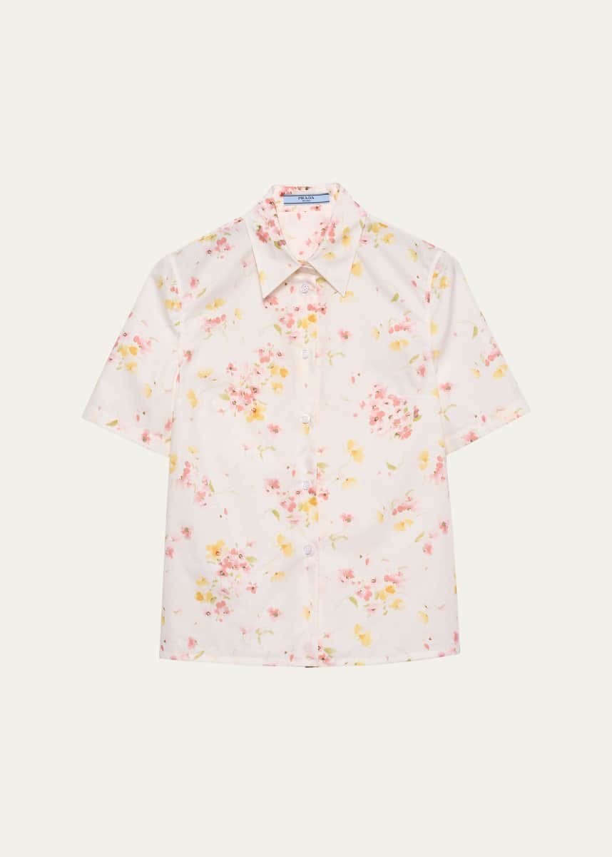 Prada Bouquet Poplin Short-Sleeve Button-Down Blouse