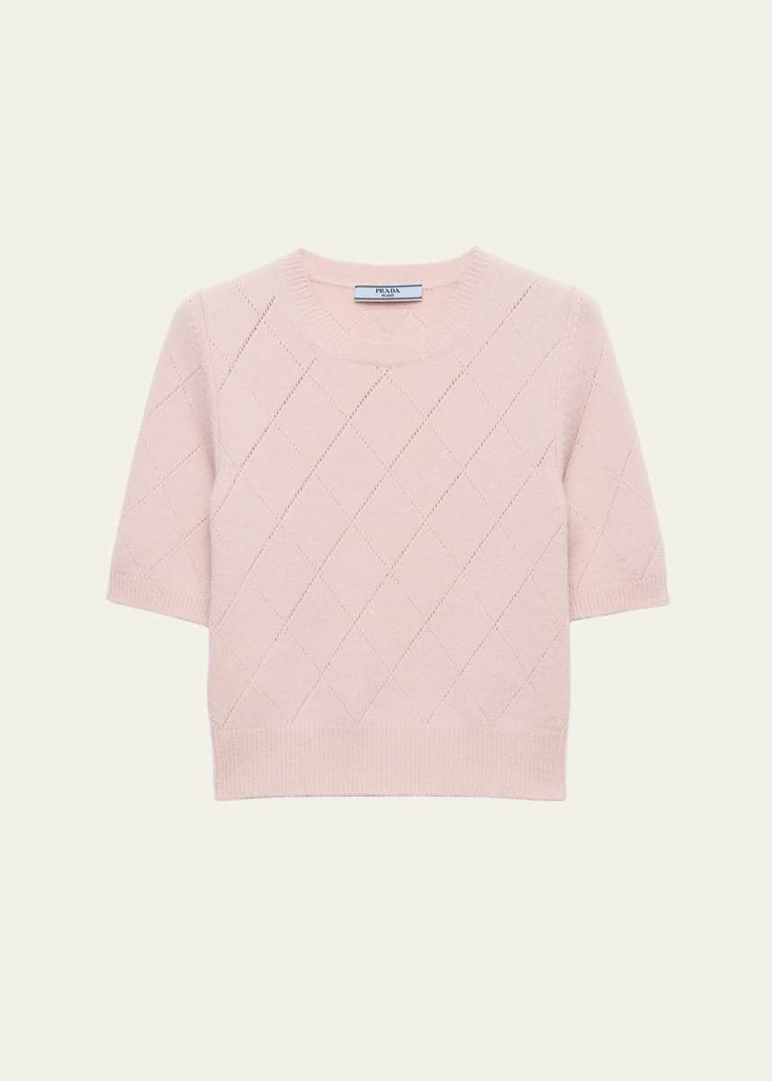 Prada Cashmere Argyle Pointelle Knit Short-Sleeve Sweater