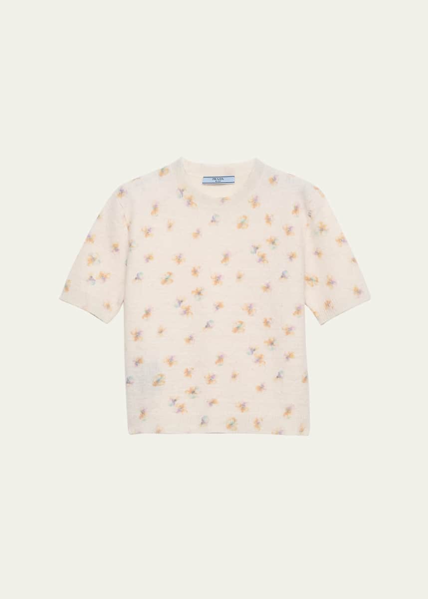 Prada Floral-Print Short-Sleeve Sweater