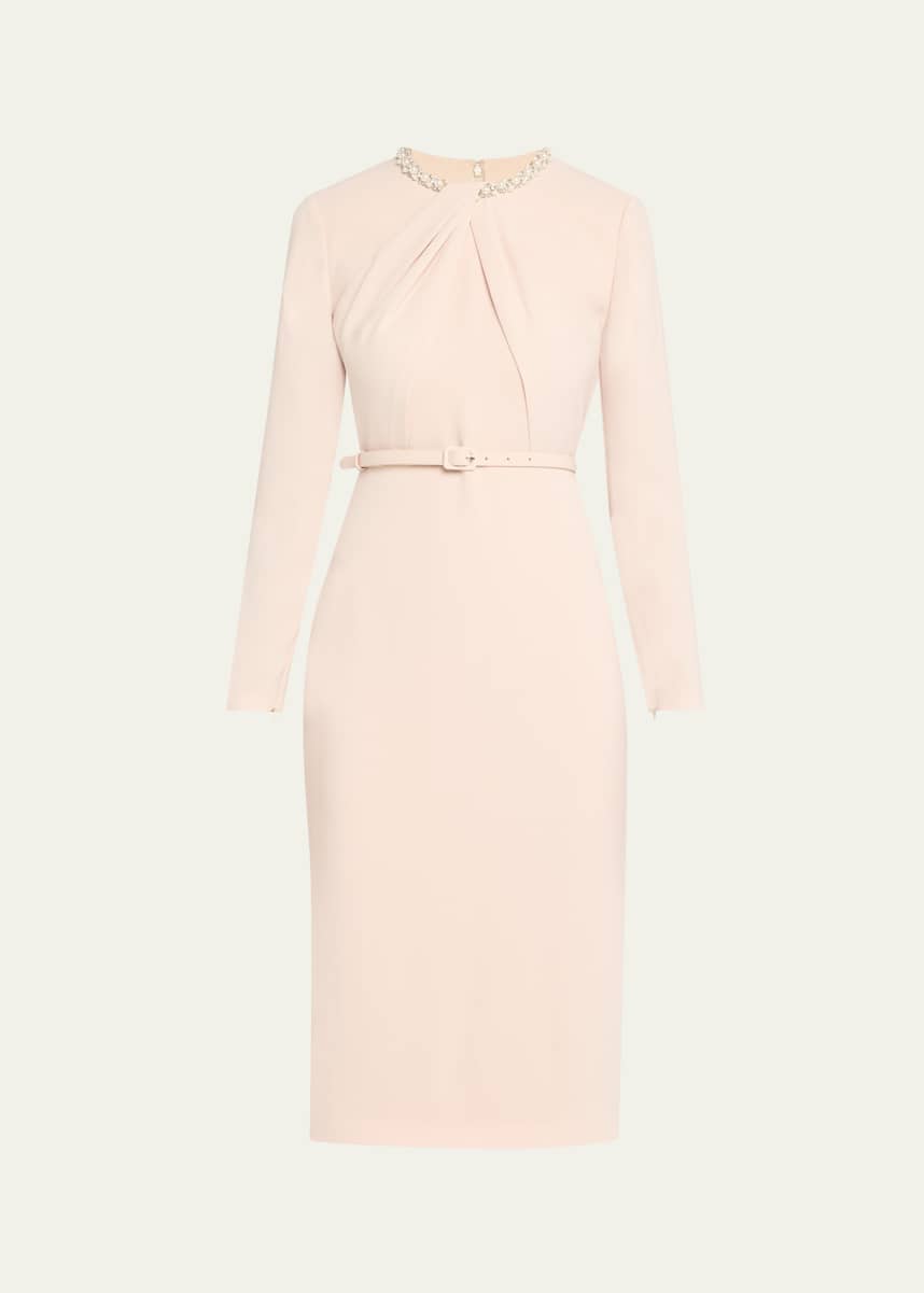 Roland Mouret Beaded Twist Long-Sleeve Light Cady Midi Dress