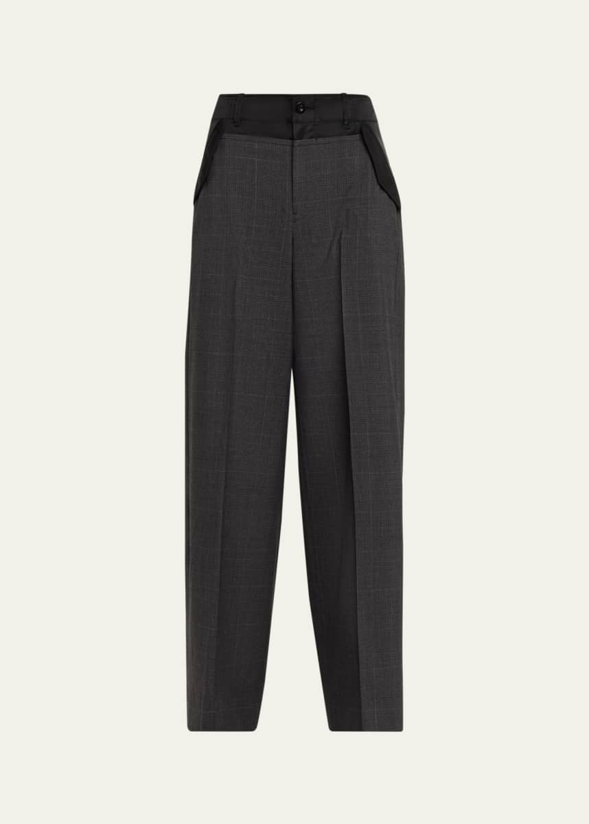 SACAI Nylon-Waistband Glen Check Wide-Leg Trousers