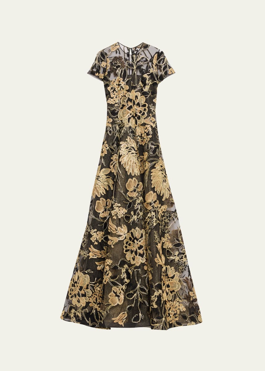 Naeem Khan Metallic Embroidered Short-Sleeve A-Line Gown