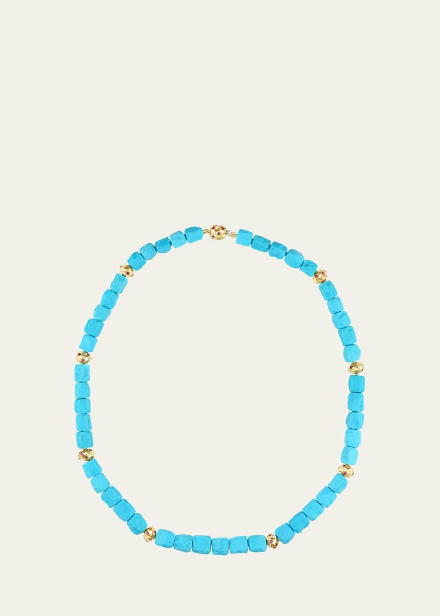 Paul Morelli 18K Yellow Gold Turquoise Rough Bead Necklace with Diamonds and Rubies