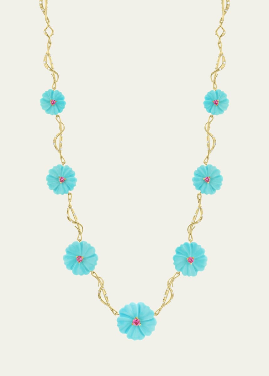 Paul Morelli 18K Carved Turquoise Flower Link Necklace with Diamonds and Rubies
