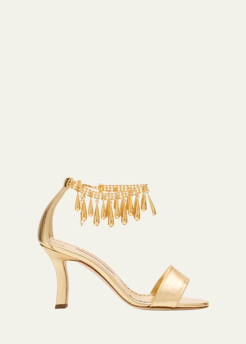 Manolo Blahnik Nicusan Embellished Ankle-Chain Leather Sandals