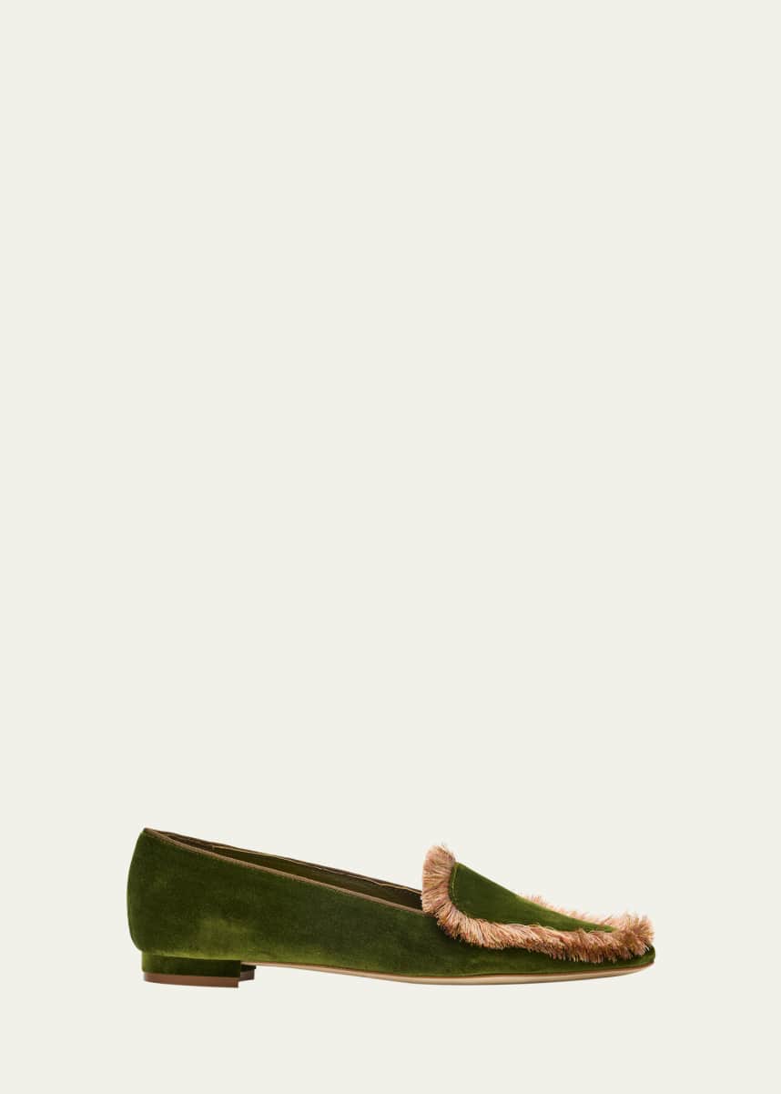 Manolo Blahnik Agrofran Velvet Fringe-Trim Loafers